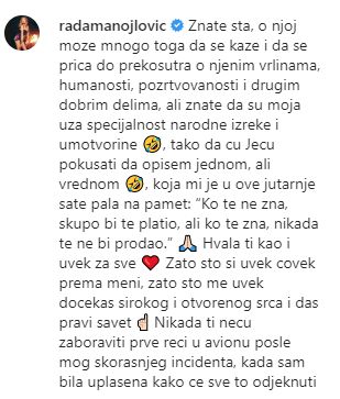 Deo poruke koju je Rada uputila JK, foto: Instagram printscreen, Rada Manojlovi